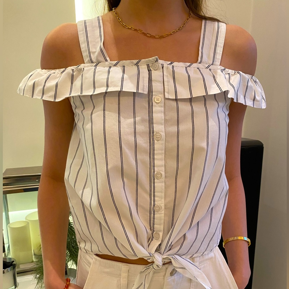 Mango off shoulder sleeves with shoulder straps SZ- US 2 White w Navy stripes